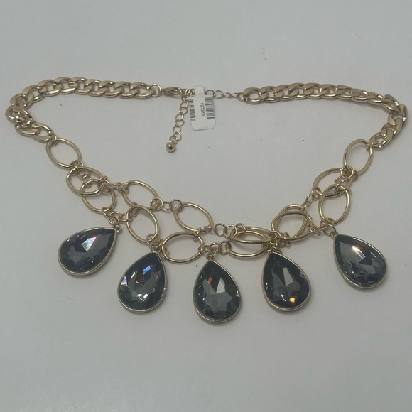 NWT GOLDTONE CHOKER  NECKLACE w/5 Diamond Shape FACETED FAUX Black SMOKEY Color - Picture 8 of 9